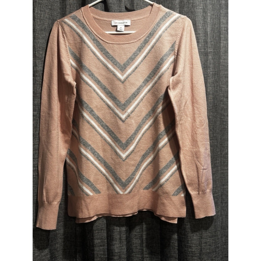 Liz Claiborne Sweater Women's Size Medium Pink Gray White Stripe Long Sleeve‎